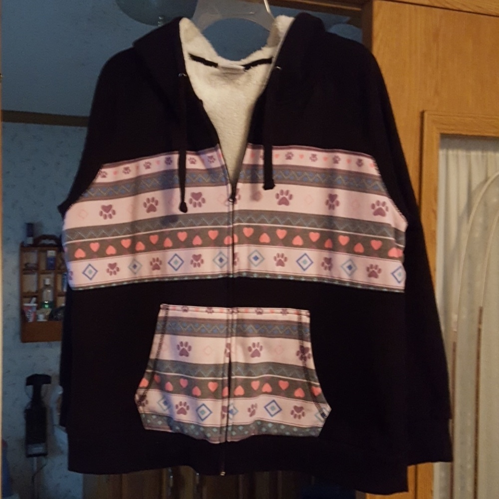 Hooded zip up sweat shirt with paw printing